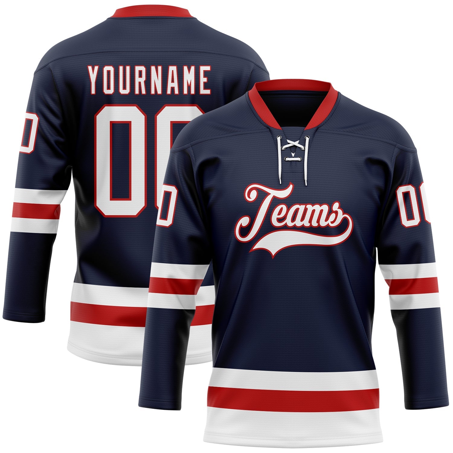 Custom Navy White-Red Hockey Lace Neck Jersey - Main View