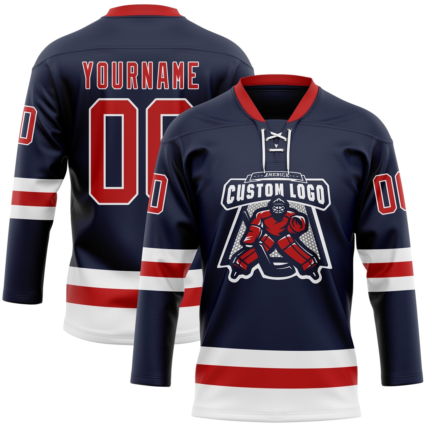 Custom Navy Red-White Hockey Lace Neck Jersey view 2