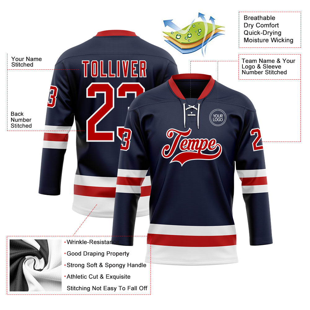 Custom Navy Red-White Hockey Lace Neck Jersey view 3
