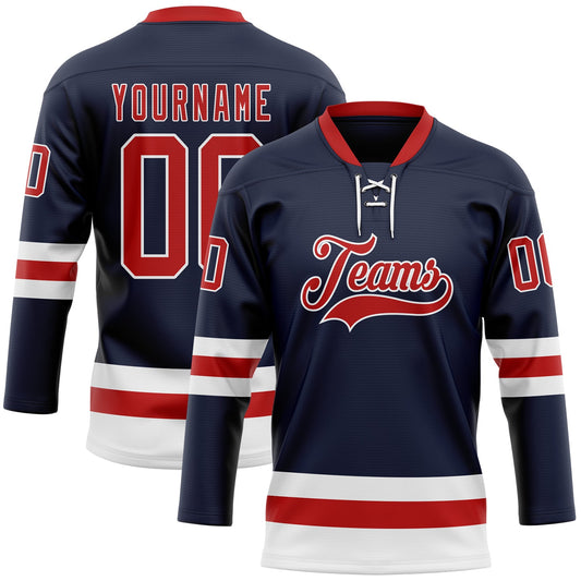 Custom Navy Red-White Hockey Lace Neck Jersey - Main View