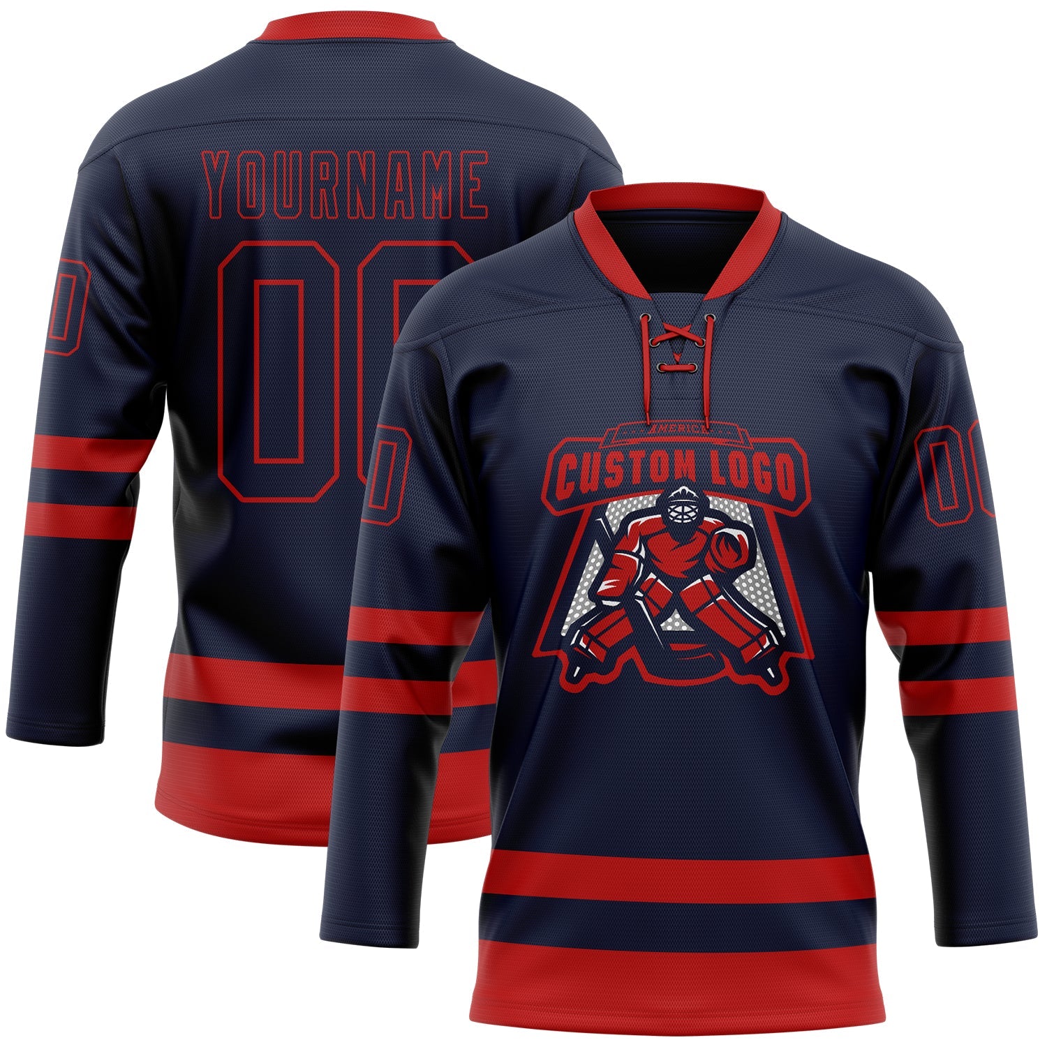 Custom Navy Red Hockey Lace Neck Jersey view 2