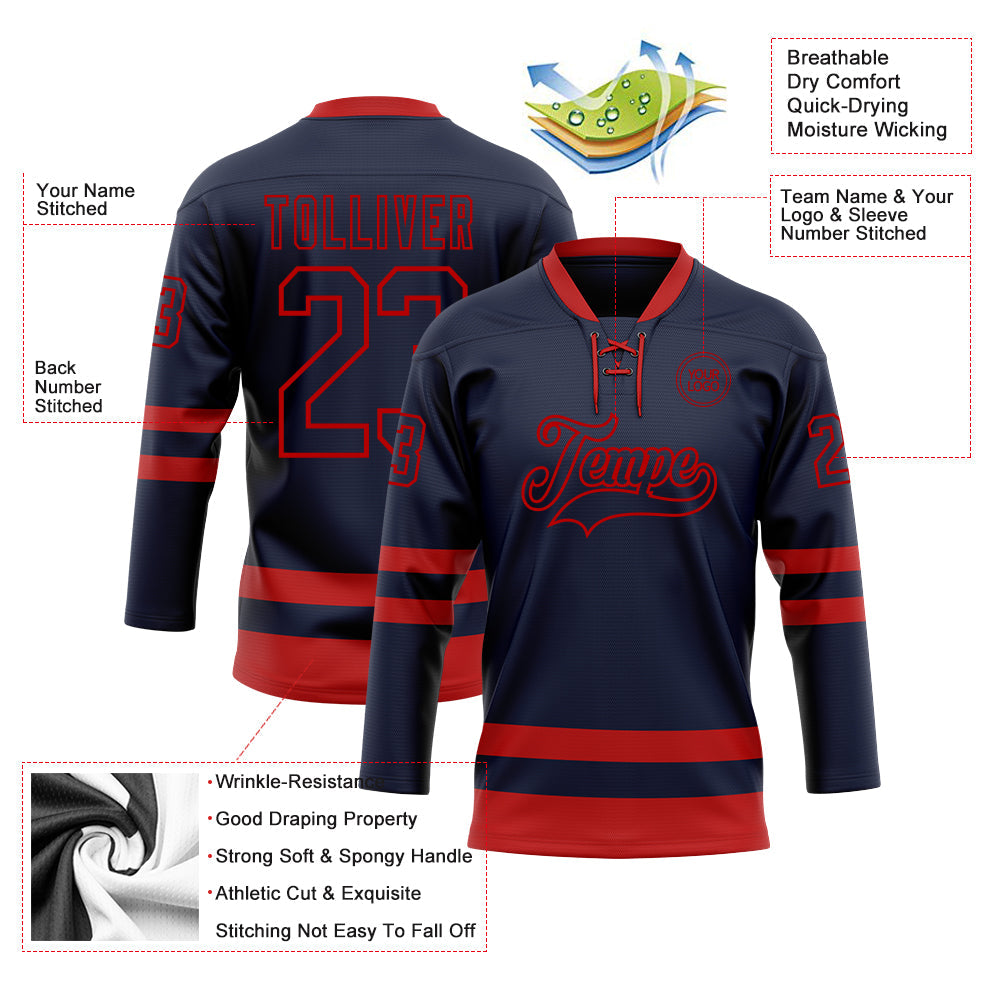 Custom Navy Red Hockey Lace Neck Jersey view 3