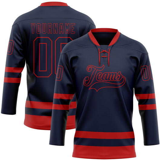 Custom Navy Red Hockey Lace Neck Jersey - Main View