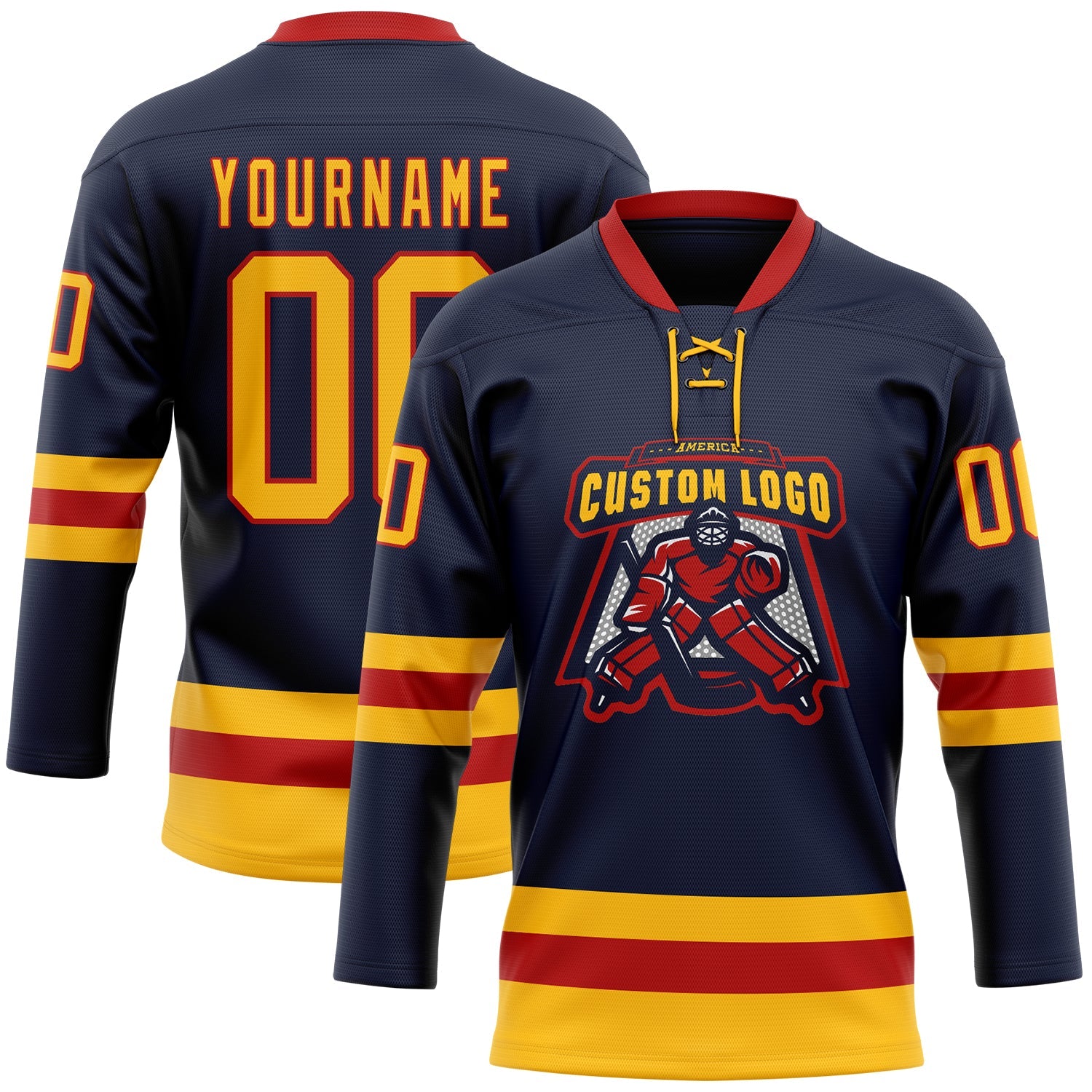 Custom Navy Gold-Red Hockey Lace Neck Jersey view 2