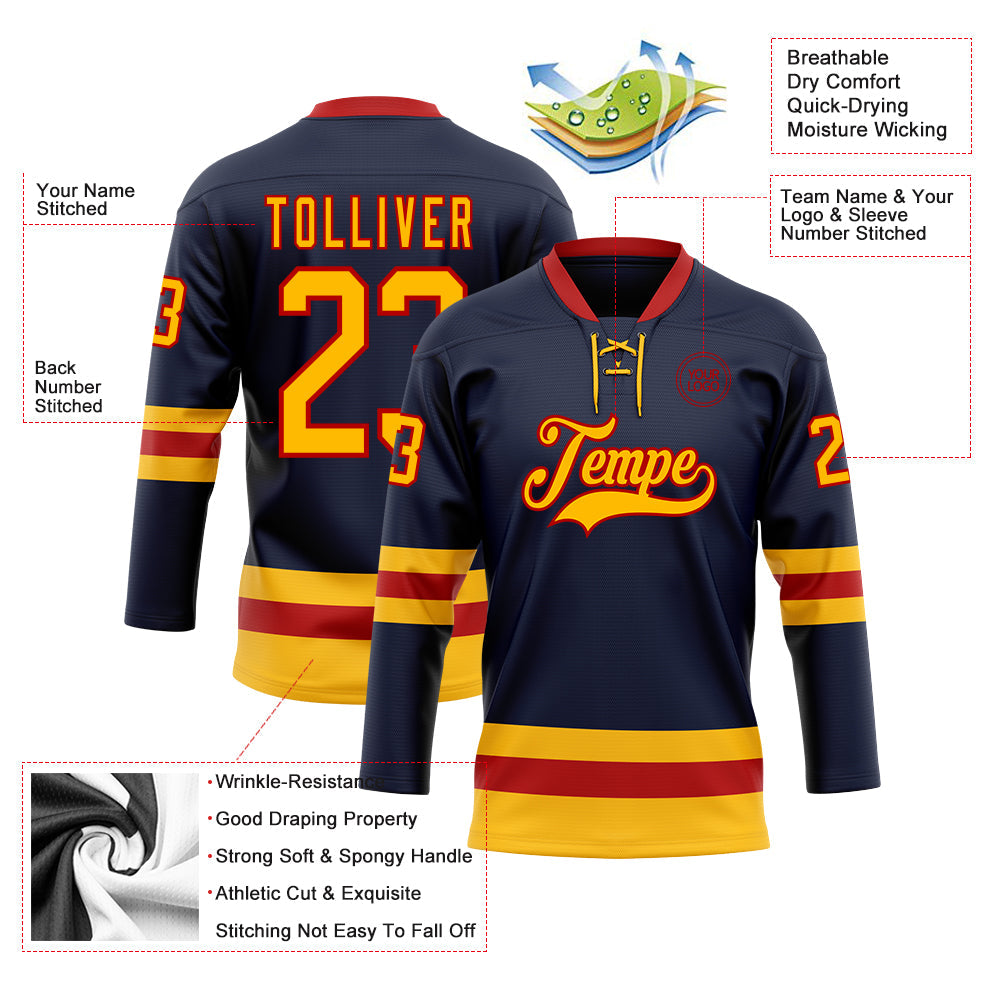 Custom Navy Gold-Red Hockey Lace Neck Jersey view 3
