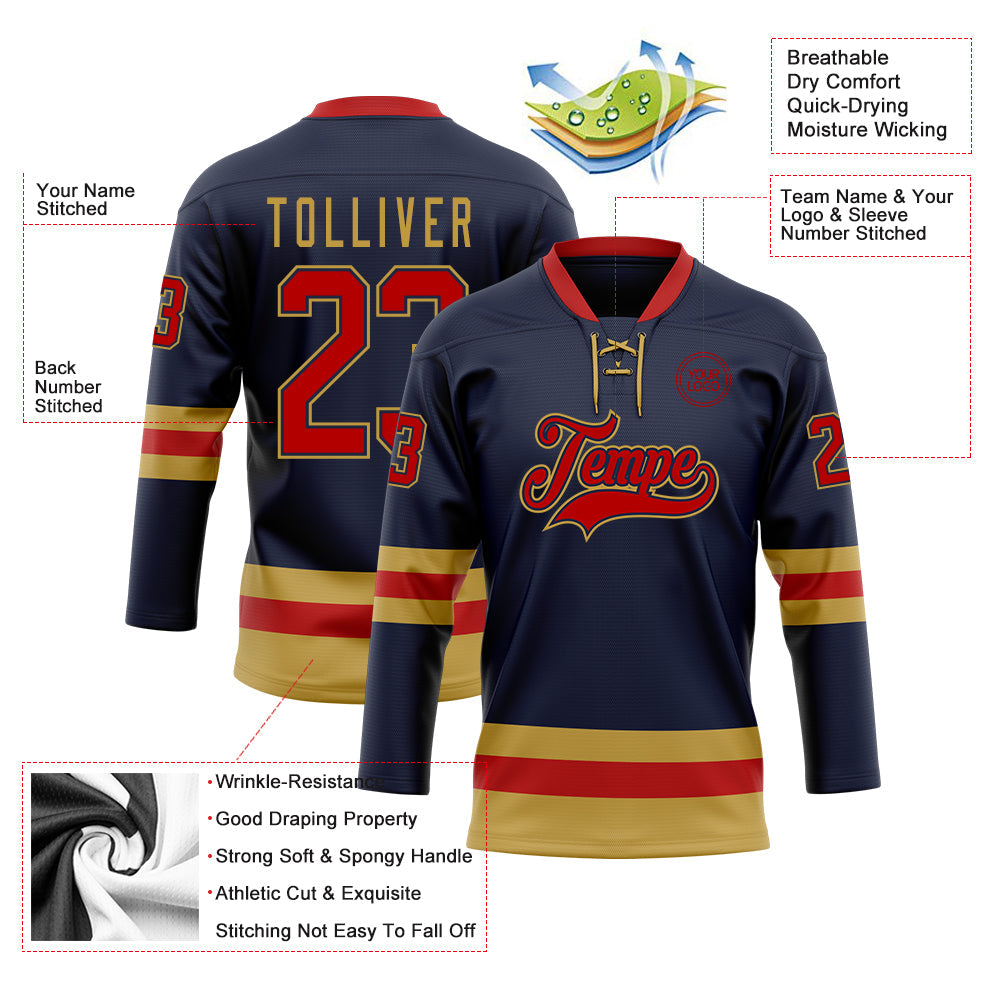 Custom Navy Red-Old Gold Hockey Lace Neck Jersey view 3