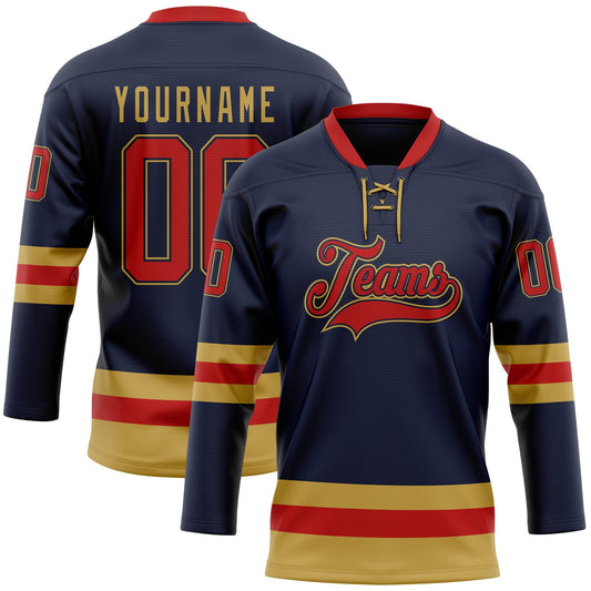 Custom Navy Red-Old Gold Hockey Lace Neck Jersey - Main View