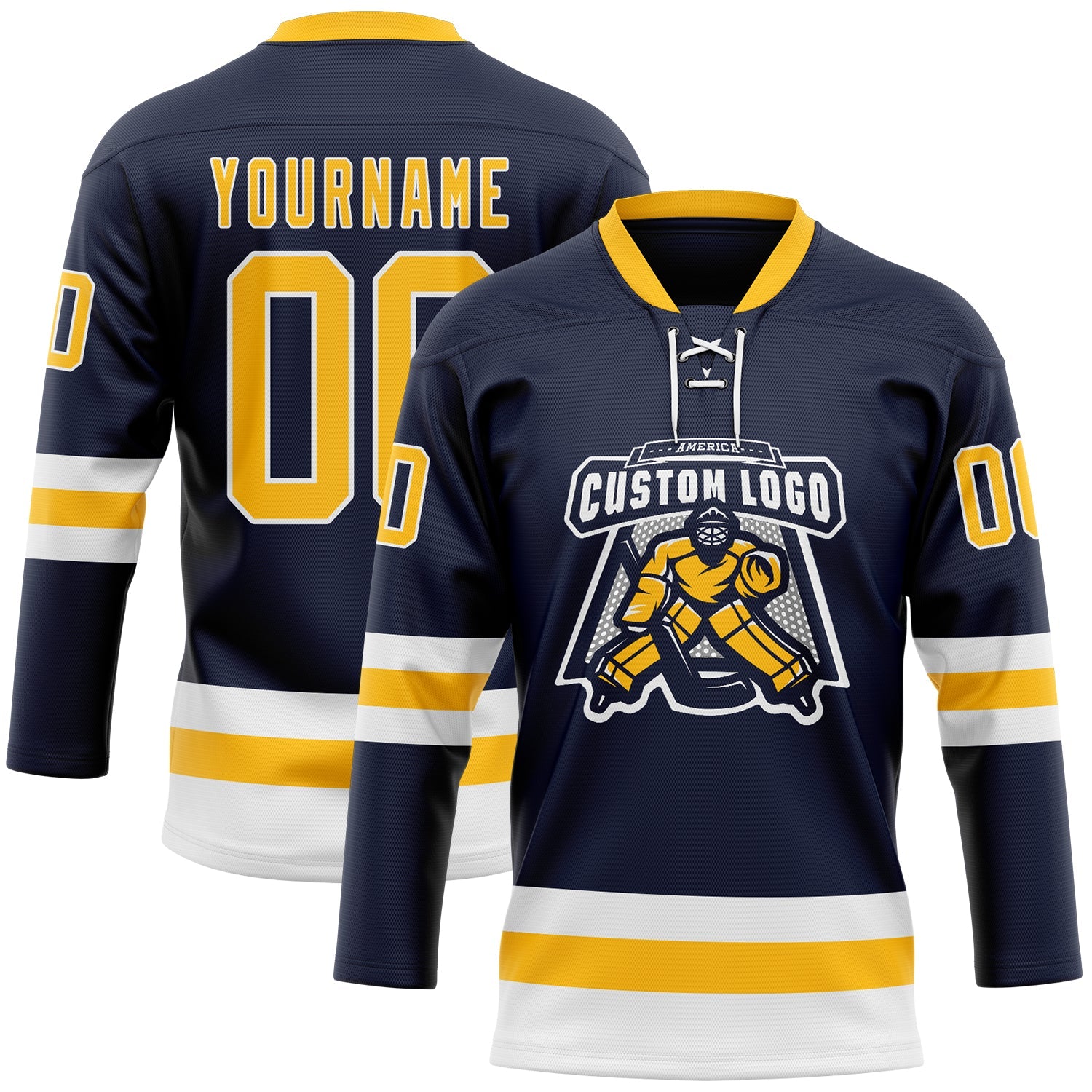 Custom Navy Gold-White Hockey Lace Neck Jersey view 2