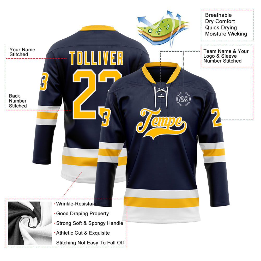 Custom Navy Gold-White Hockey Lace Neck Jersey view 3