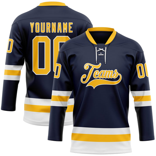 Custom Navy Gold-White Hockey Lace Neck Jersey - Main View