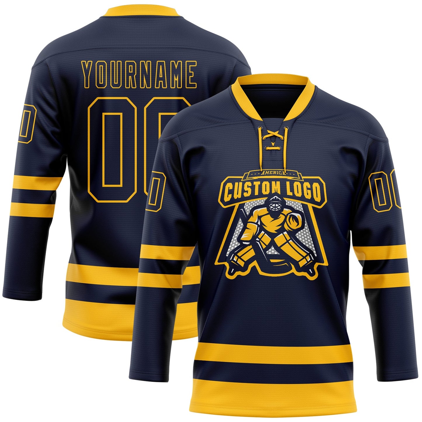 Custom Navy Gold Hockey Lace Neck Jersey view 2