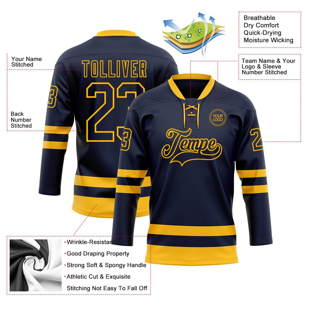 Custom Navy Gold Hockey Lace Neck Jersey view 3
