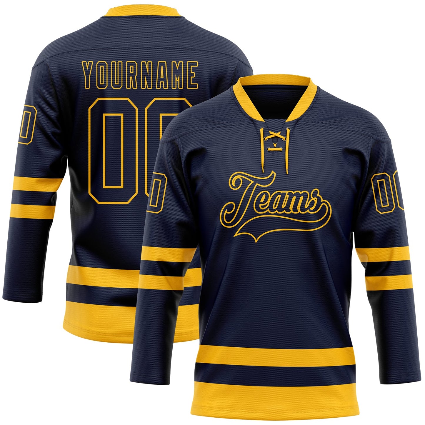 Custom Navy Gold Hockey Lace Neck Jersey - Main View