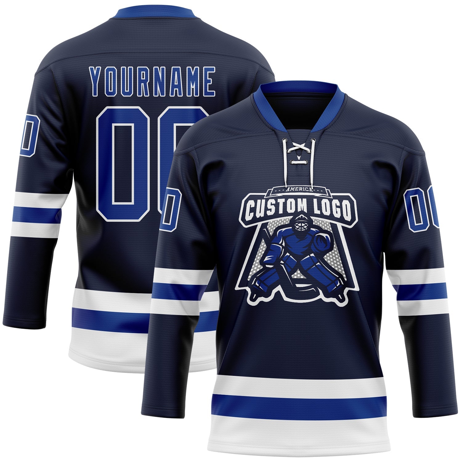 Custom Navy Royal-White Hockey Lace Neck Jersey view 2