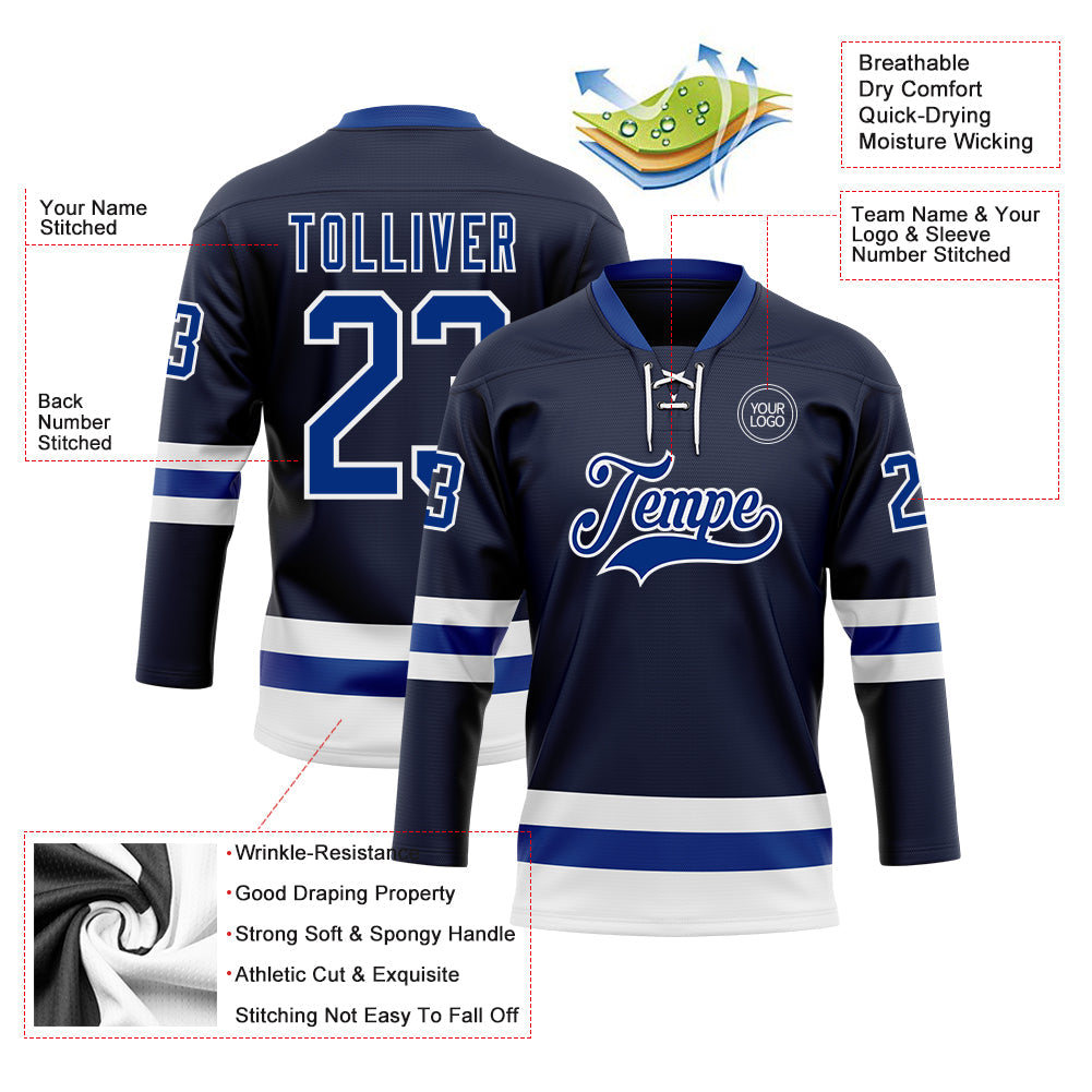Custom Navy Royal-White Hockey Lace Neck Jersey view 3