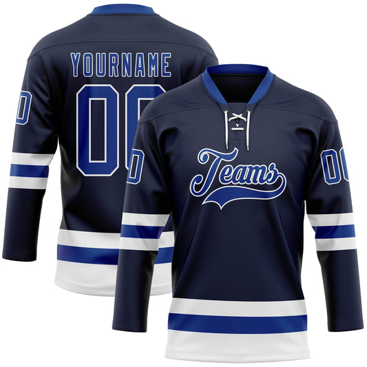 Custom Navy Royal-White Hockey Lace Neck Jersey - Main View