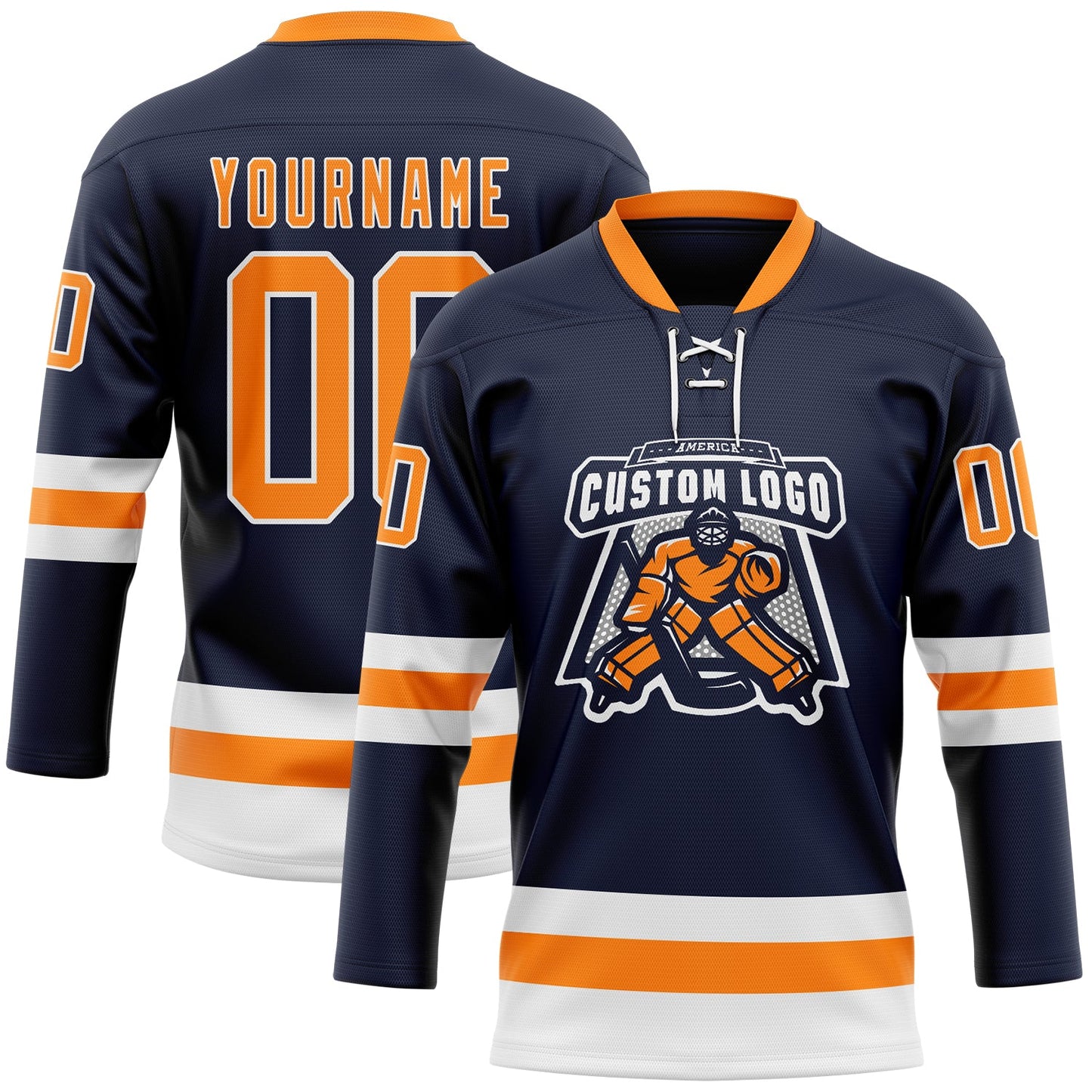 Custom Navy Bay Orange-White Hockey Lace Neck Jersey view 2