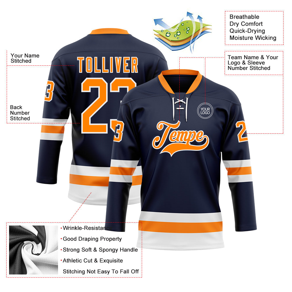 Custom Navy Bay Orange-White Hockey Lace Neck Jersey view 3