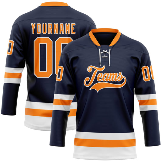 Custom Navy Bay Orange-White Hockey Lace Neck Jersey - Main View