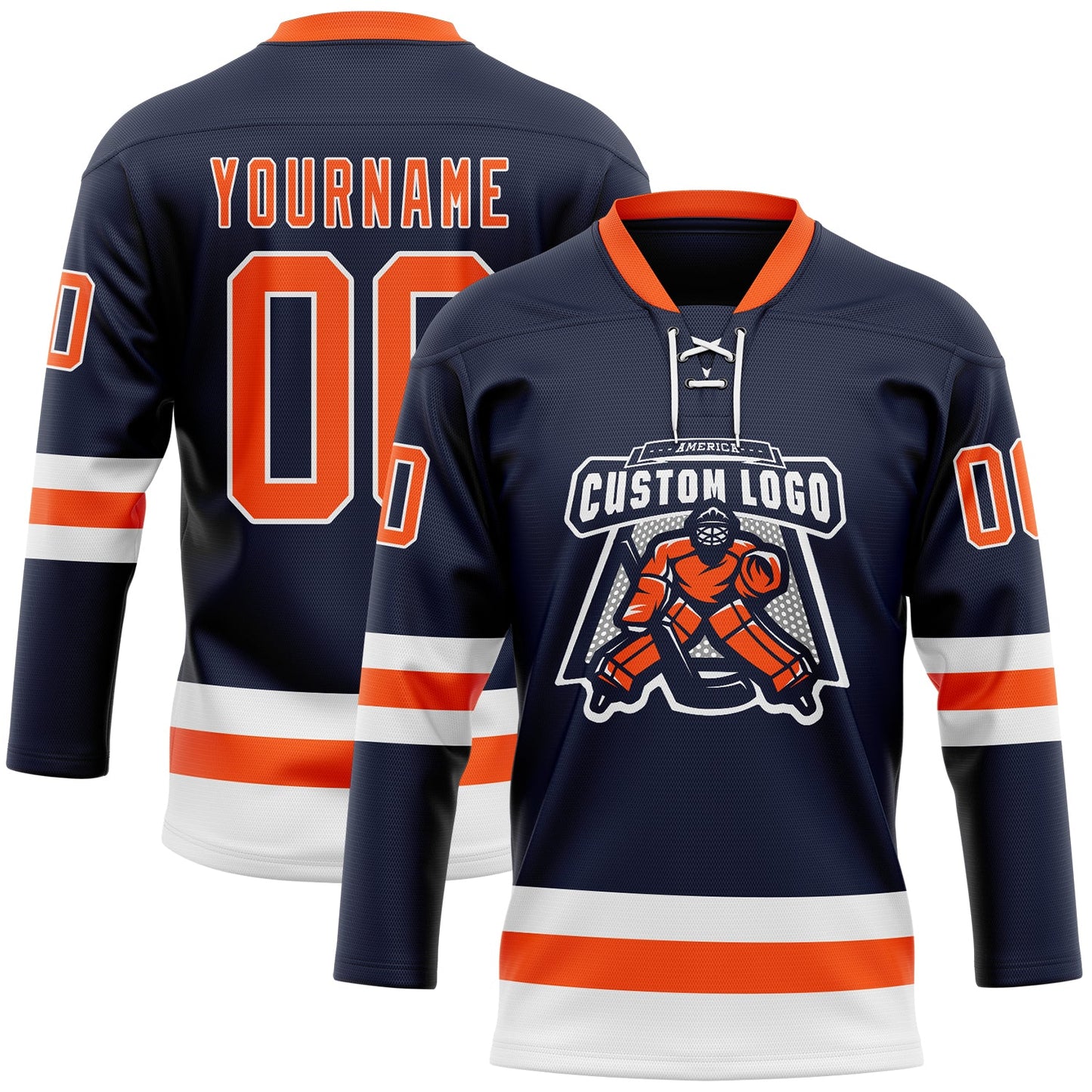 Custom Navy Orange-White Hockey Lace Neck Jersey view 2