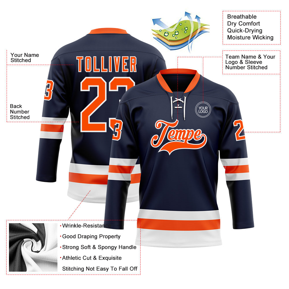 Custom Navy Orange-White Hockey Lace Neck Jersey view 3