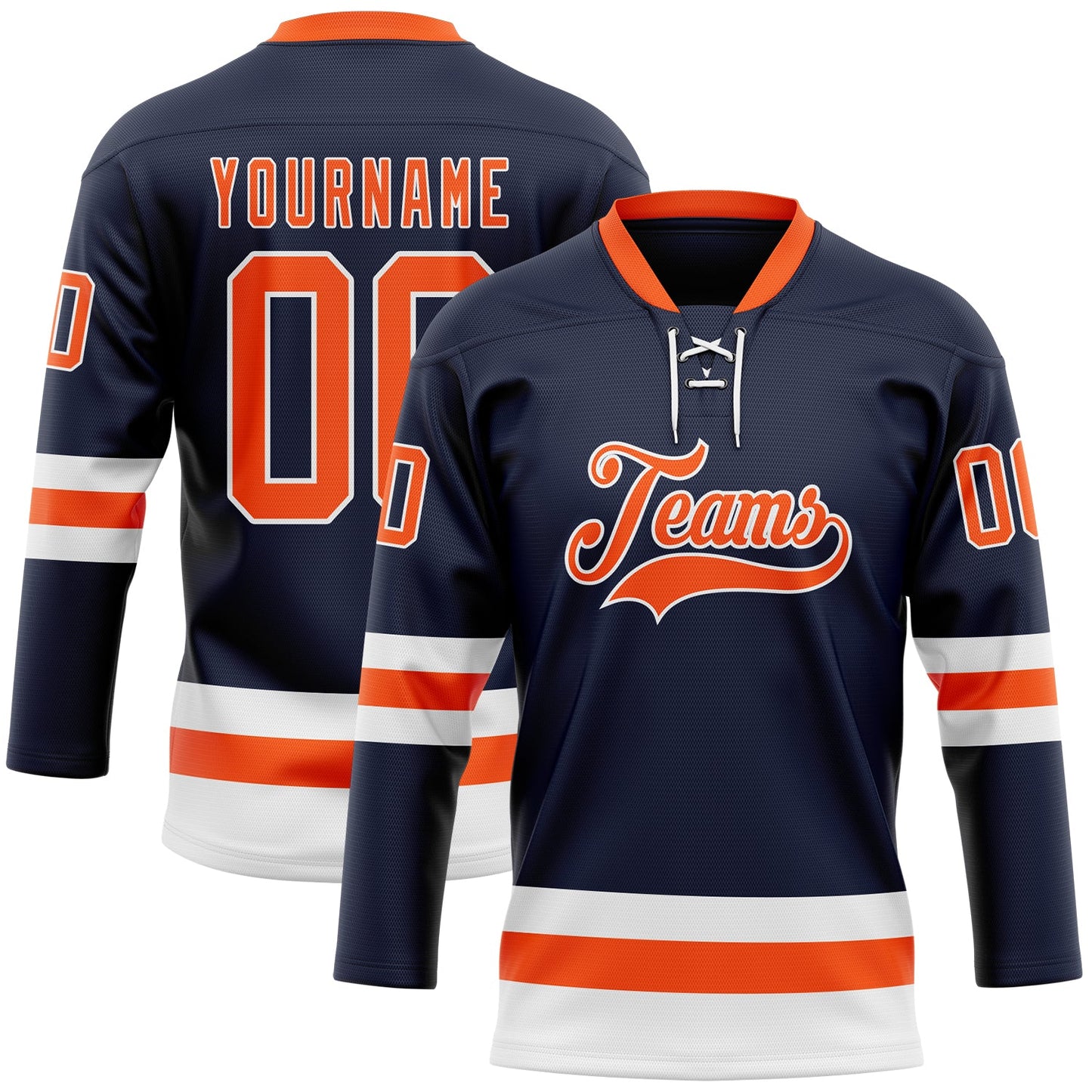 Custom Navy Orange-White Hockey Lace Neck Jersey - Main View