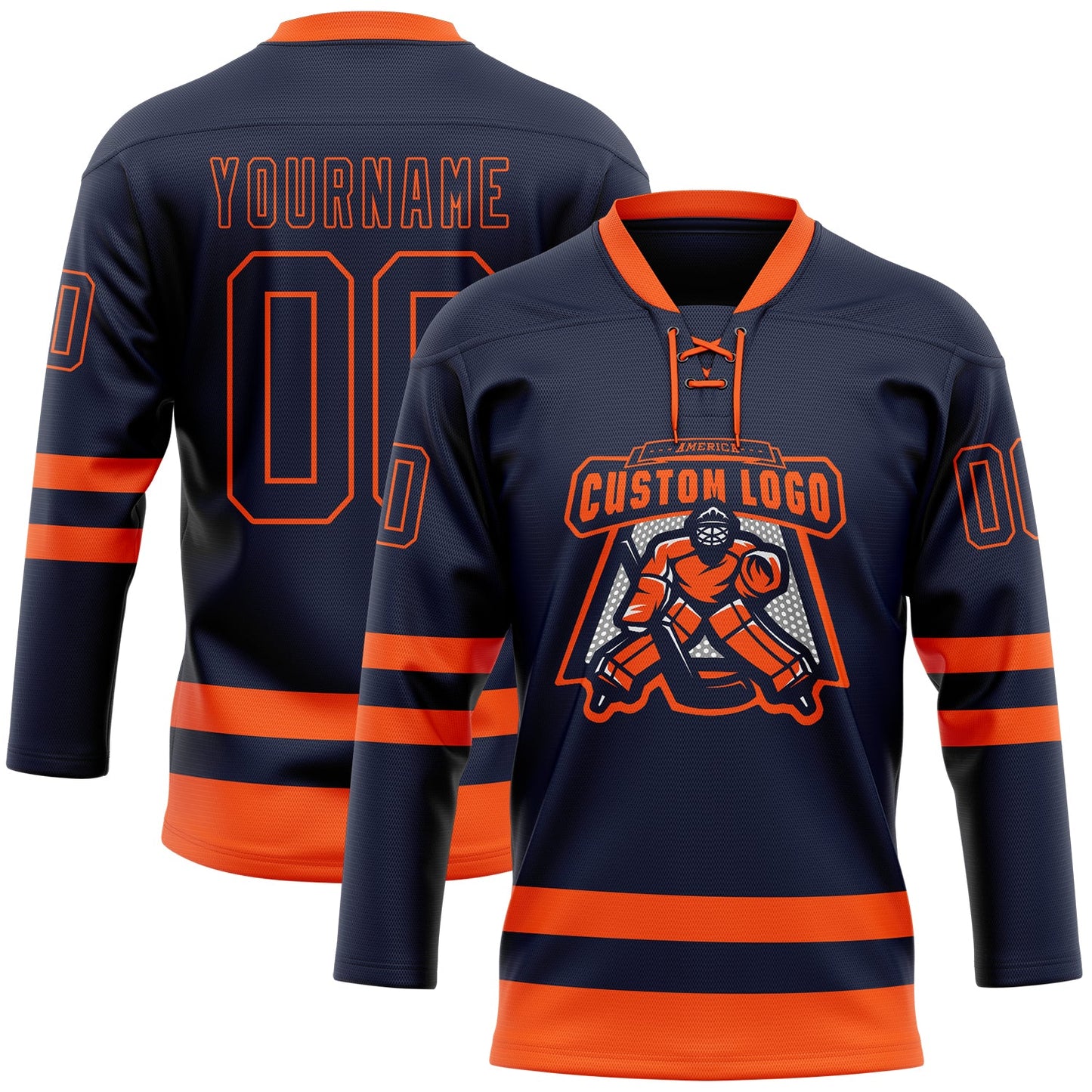 Custom Navy Orange Hockey Lace Neck Jersey view 2