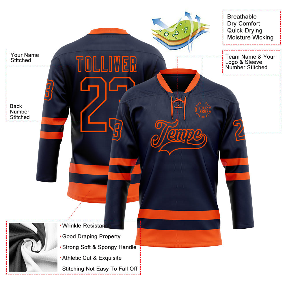 Custom Navy Orange Hockey Lace Neck Jersey view 3