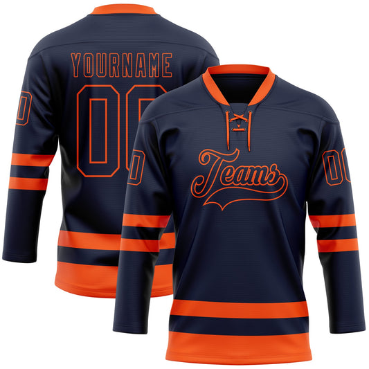 Custom Navy Orange Hockey Lace Neck Jersey - Main View