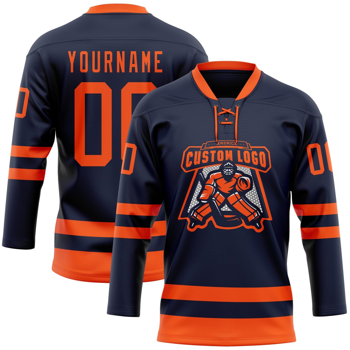 Custom Navy Orange Hockey Lace Neck Jersey view 2