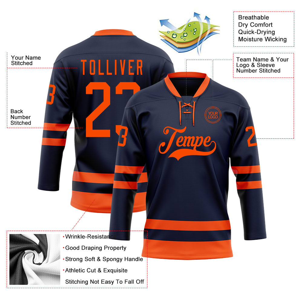 Custom Navy Orange Hockey Lace Neck Jersey view 3
