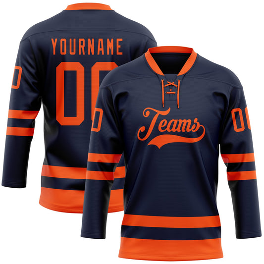 Custom Navy Orange Hockey Lace Neck Jersey - Main View