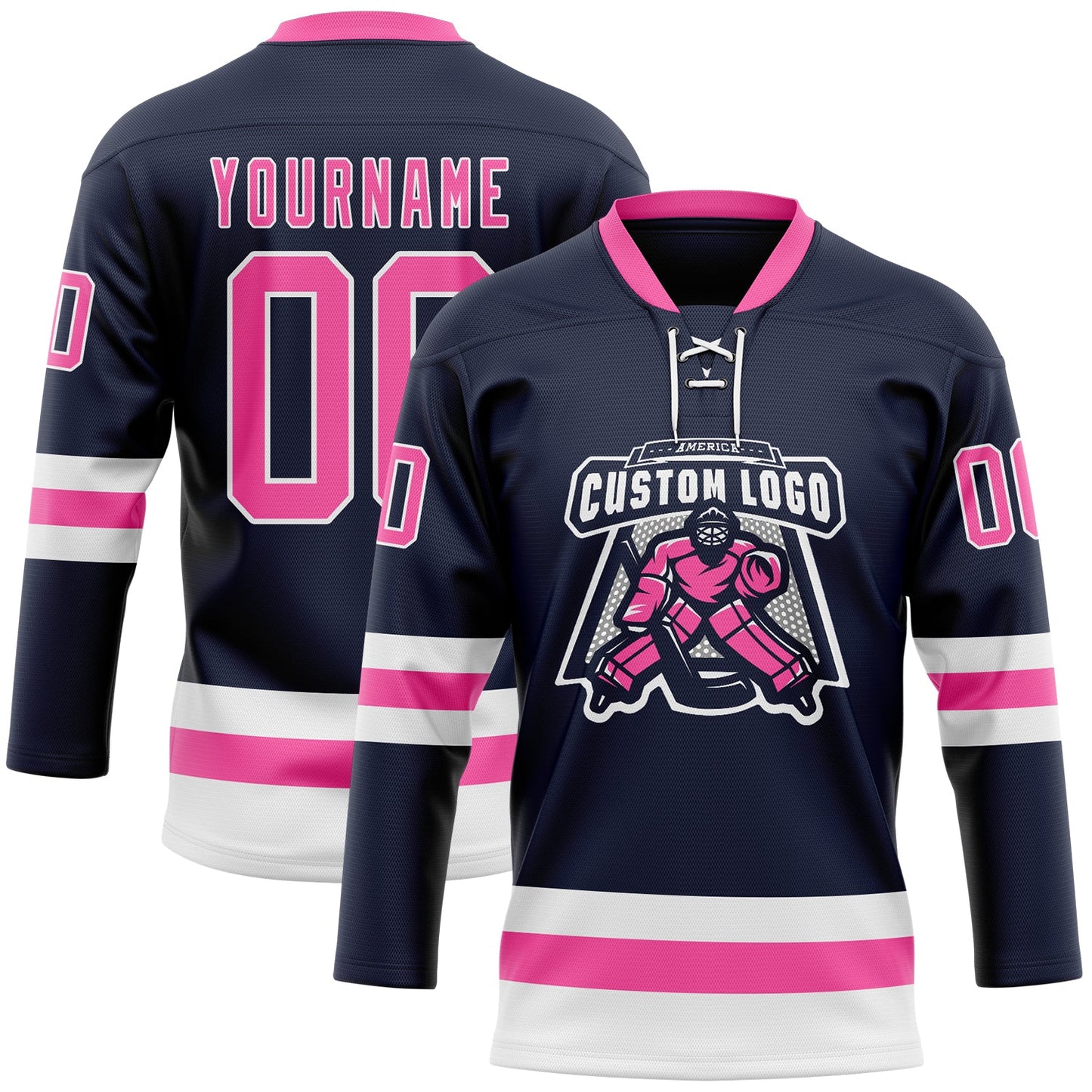 Custom Navy Pink-White Hockey Lace Neck Jersey view 2