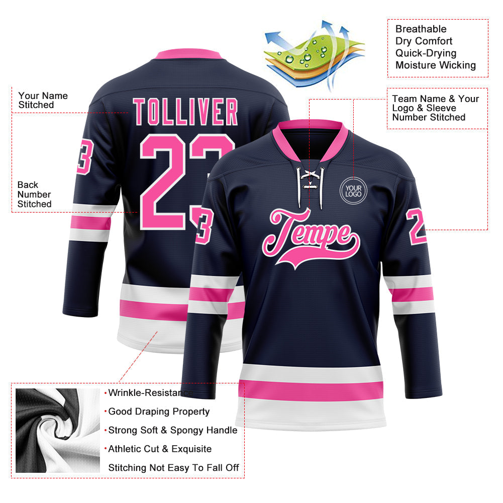 Custom Navy Pink-White Hockey Lace Neck Jersey view 3