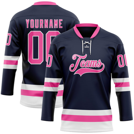 Custom Navy Pink-White Hockey Lace Neck Jersey - Main View