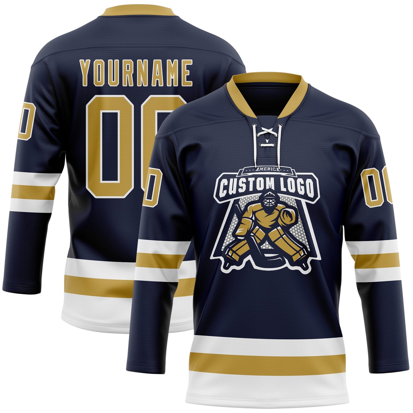 Custom Navy Old Gold-White Hockey Lace Neck Jersey view 2