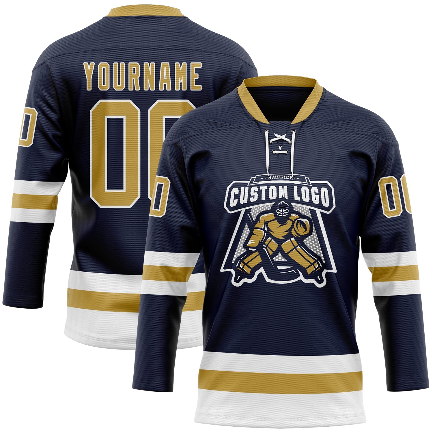 Custom Navy Old Gold-White Hockey Lace Neck Jersey view 2