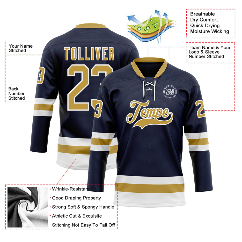 Custom Navy Old Gold-White Hockey Lace Neck Jersey view 3
