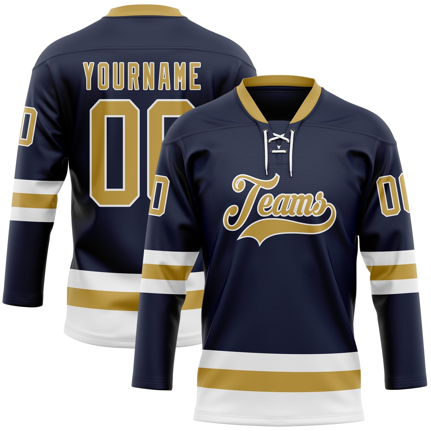 Custom Navy Old Gold-White Hockey Lace Neck Jersey - Main View