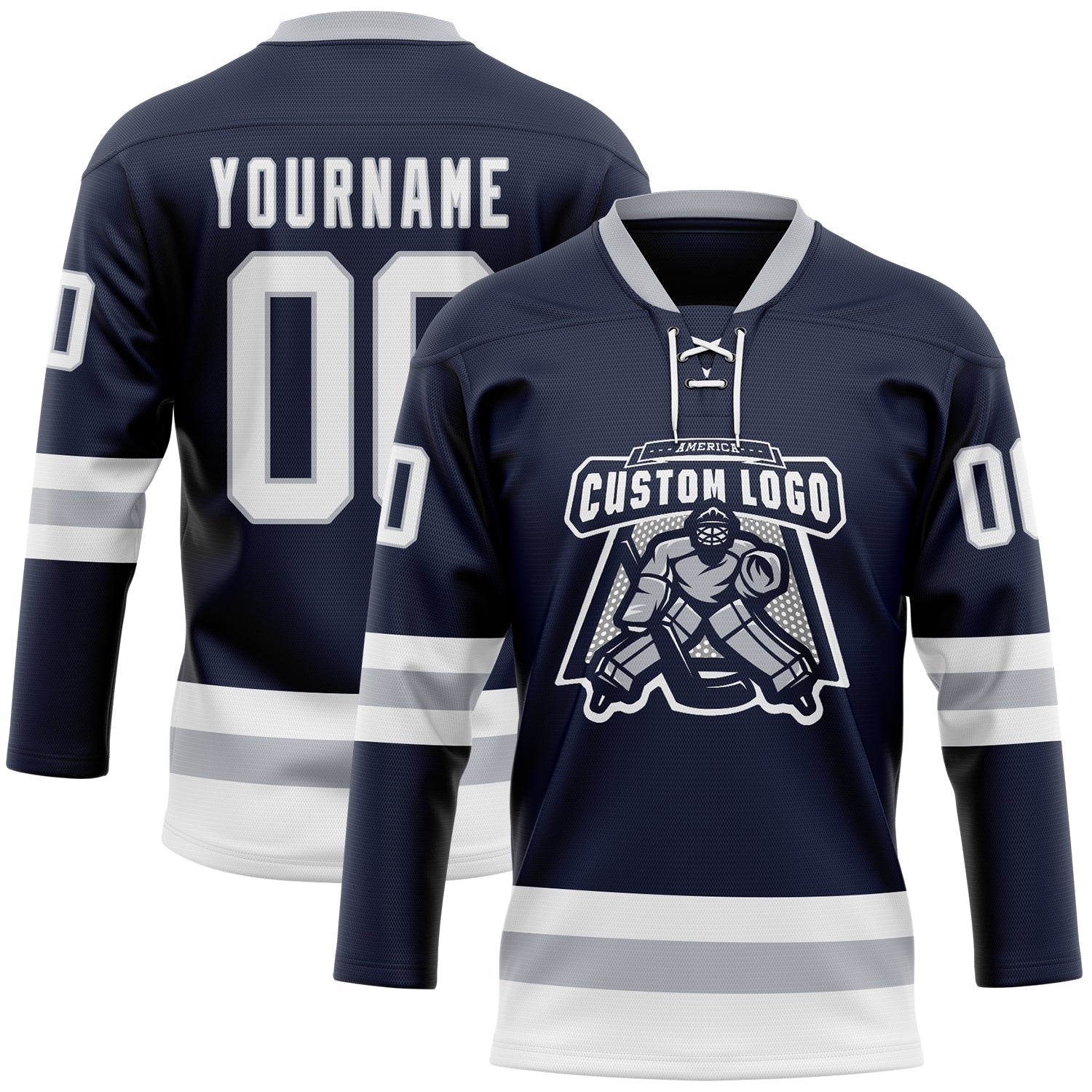 Custom Navy White-Gray Hockey Lace Neck Jersey view 2