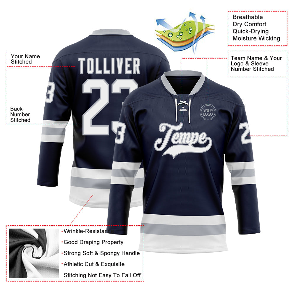 Custom Navy White-Gray Hockey Lace Neck Jersey view 3