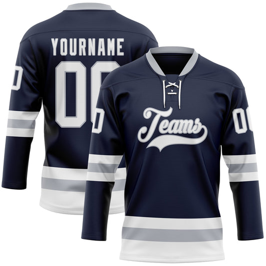 Custom Navy White-Gray Hockey Lace Neck Jersey - Main View