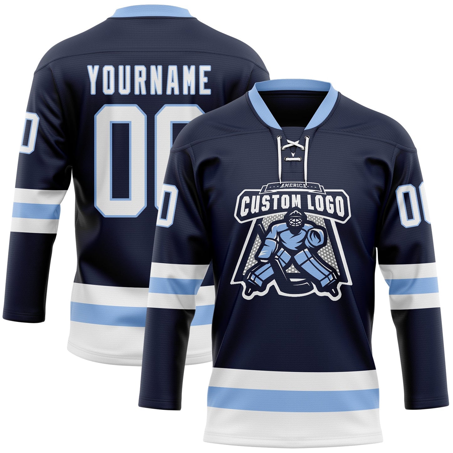 Custom Navy White-Light Blue Hockey Lace Neck Jersey view 2