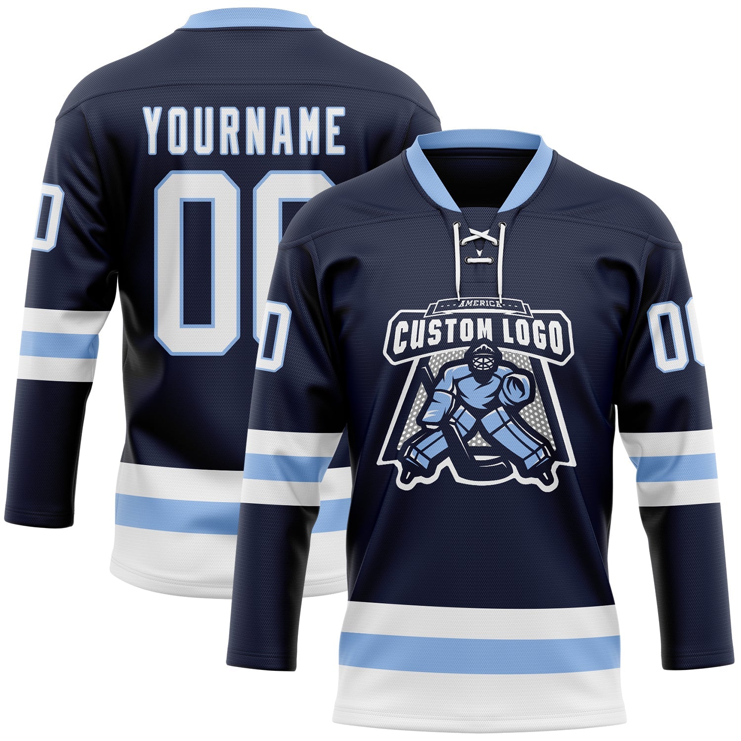 Custom Navy White-Light Blue Hockey Lace Neck Jersey view 2