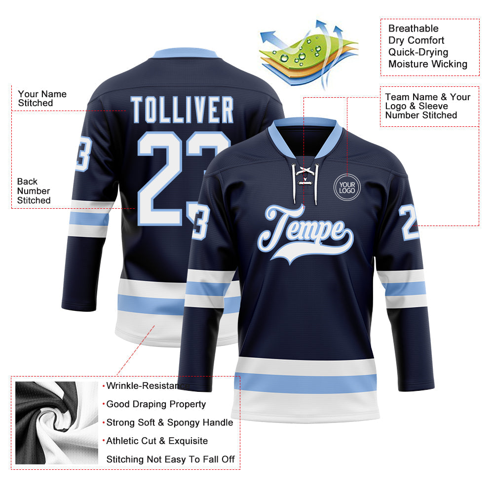 Custom Navy White-Light Blue Hockey Lace Neck Jersey view 3