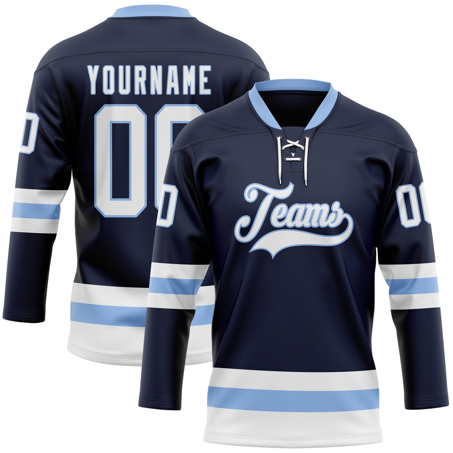 Custom Navy White-Light Blue Hockey Lace Neck Jersey - Main View