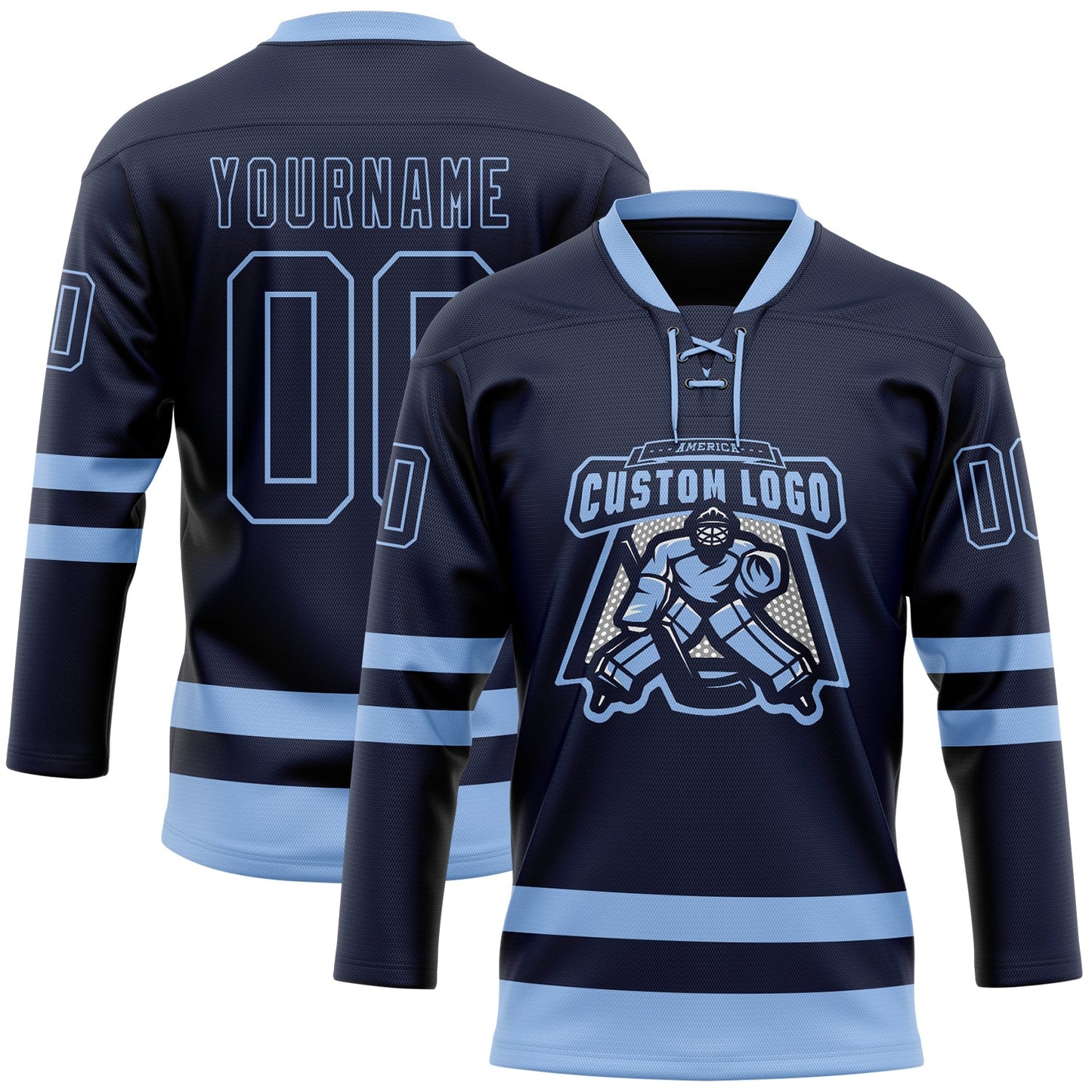 Custom Navy Light Blue Hockey Lace Neck Jersey view 2