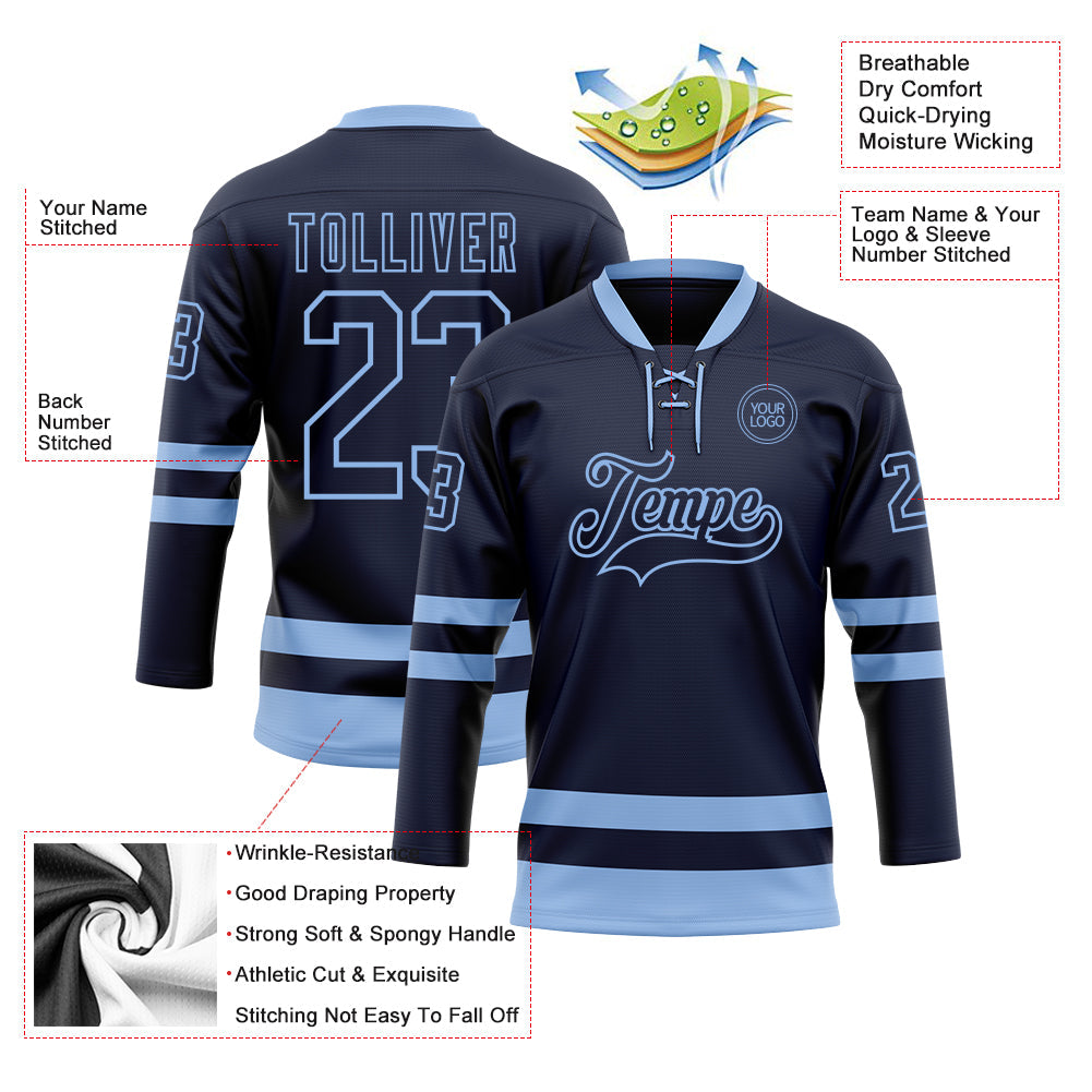 Custom Navy Light Blue Hockey Lace Neck Jersey view 3