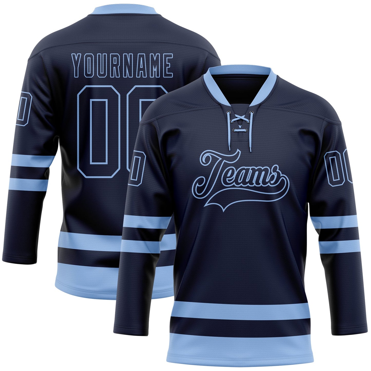 Custom Navy Light Blue Hockey Lace Neck Jersey - Main View