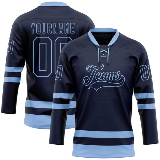 Custom Navy Light Blue Hockey Lace Neck Jersey - Main View
